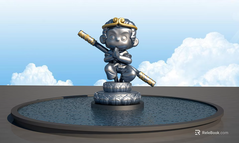 Monkey Sculpture With Golden Hat Holding Staff On Lotus Base In Water Pool Sky Clouds 3d model 