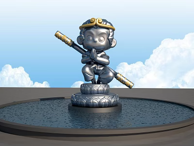 Monkey Sculpture With Golden Hat Holding Staff On Lotus Base In Water Pool Sky Clouds 3d model