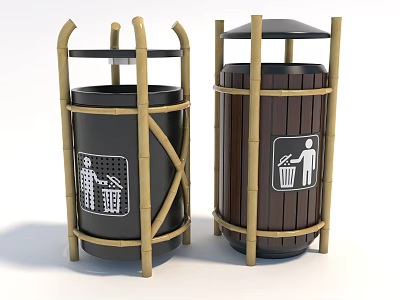 Bamboo Framed Public Trash Bins With Black And Brown Bodies And Waste Icons 3d model