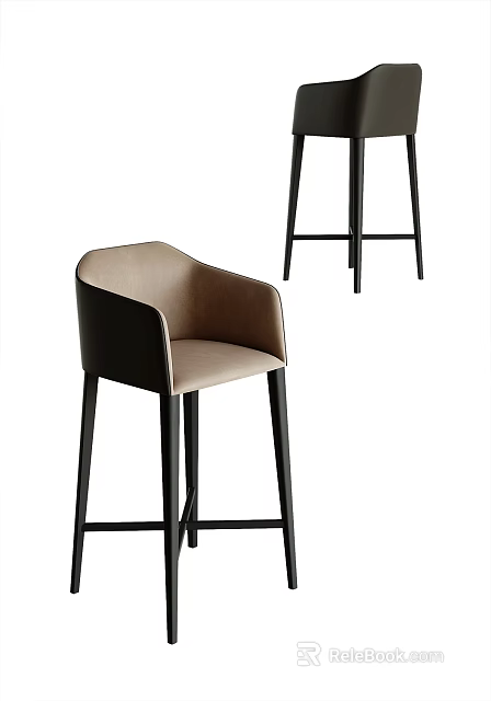 Modern Design Bar Stool With Beige Upholstered Seat And Black Metal Frame 3d model 