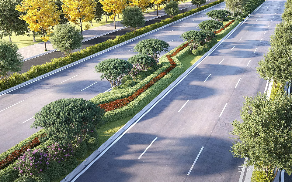 Well Arranged Plant Combinations with Shrubs Flowers and Trees in Road Landscape 3d model 