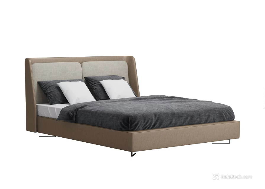 Modern Double Bed With Brown Headboard Dark Gray Bedding And Pillows 3d model