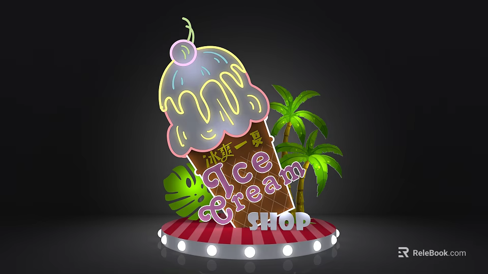 Neon Ice Cream Shop Sign With Dripping Cream Cherry And Palm Trees 3d model 