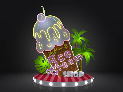 Neon Ice Cream Shop Sign With Dripping Cream Cherry And Palm Trees 3d model