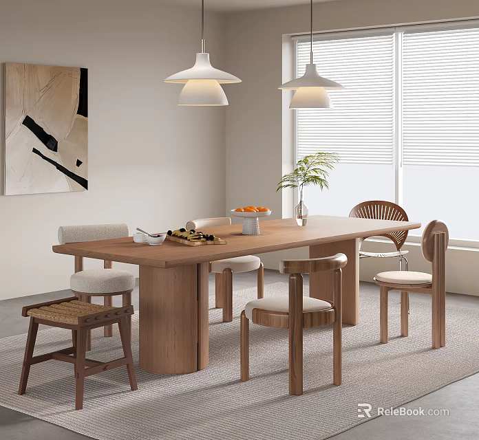 Modern Dining Room Interior With Wooden Dining Table Chairs Pendant Lights Wall Art And Plant 3d model 