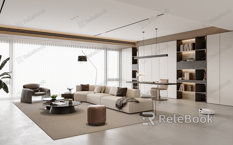 Modern Living Room Sofa Coffee Table Combination Single Sofa Sofa Stool Chandelier Green Plant Floor Lamp Desk and Chair model