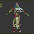 Hooded Character In Red White Outfit With Demon Mask And Armor Standing Pose