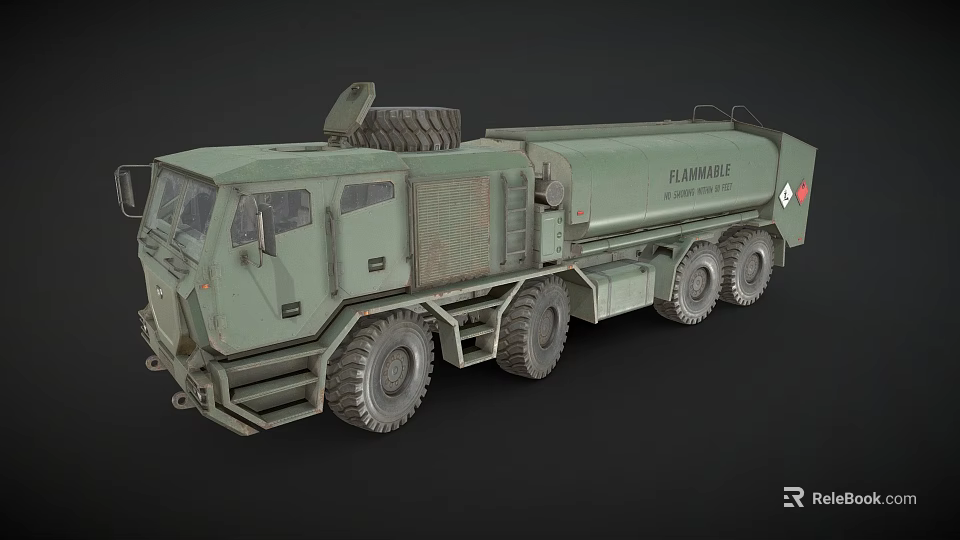 Green Military Fuel Truck With Multi Wheel Design And Flammable Sign 3d model 