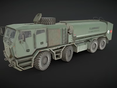 Green Military Fuel Truck With Multi Wheel Design And Flammable Sign 3d model