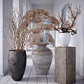 Decorative Dried Branch Potted Plants In Various Vases Within White Corridor With Wooden Floor
