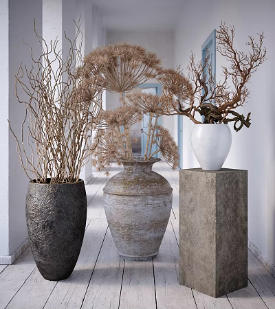 Decorative Dried Branch Potted Plants In Various Vases Within White Corridor With Wooden Floor 3d model
