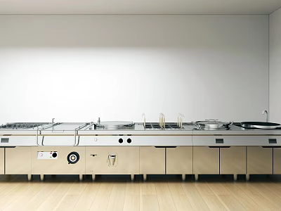 Modern Commercial Kitchen With Stainless Steel Cooking Equipment And Workstations 3d model