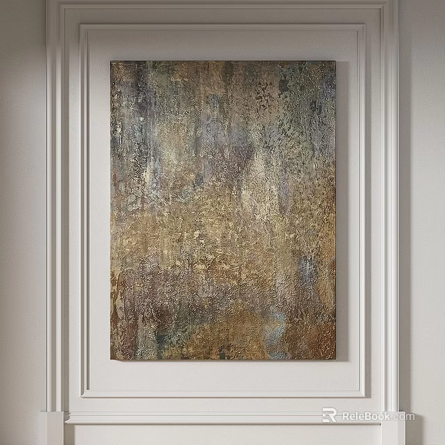 Abstract Painting With Gold Brown Gray Textures On White Wall In Minimalist Interior 3d model 