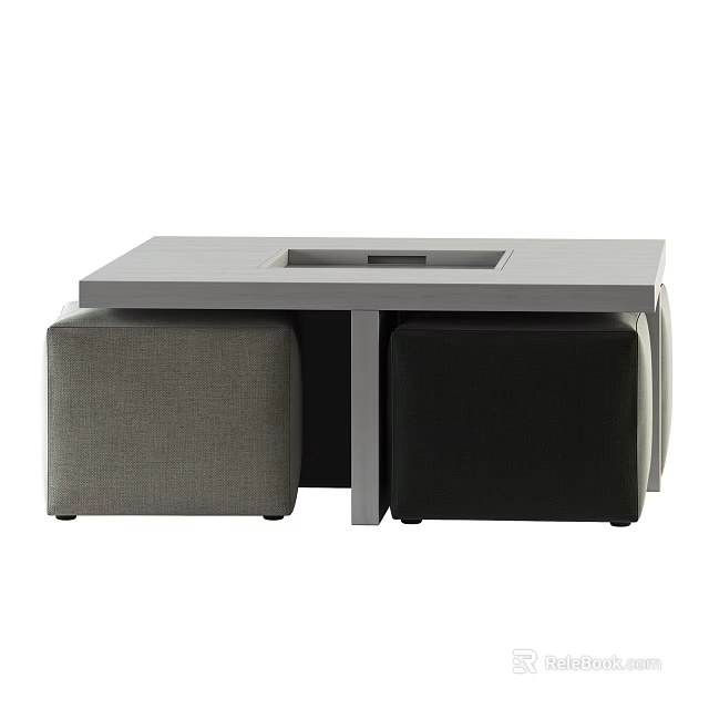 Modern Gray Table and Stool Set with Central Square Indentation and Black Gray Fabric Stools 3d model 