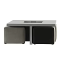 Modern Gray Table and Stool Set with Central Square Indentation and Black Gray Fabric Stools