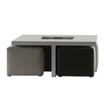 Modern Gray Table and Stool Set with Central Square Indentation and Black Gray Fabric Stools 3d model