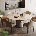 Elegant Modern Round Dining Table Set With 4 Beige Chairs Marble Tabletop And Metal Base
