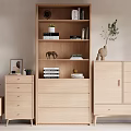 Minimalist Wooden Bookcase With Books Decorations Plants And Drawers In Modern Home Interior