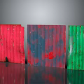 Colorful Corrugated Metal Panels Red Blue Green Worn With Stains On Reflective Black Surface