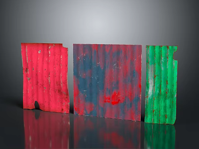 Colorful Corrugated Metal Panels Red Blue Green Worn With Stains On Reflective Black Surface 3d model