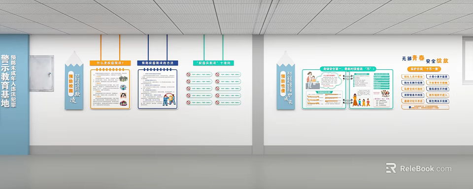 Exhibition Hall Culture Wall with Information Panels Charts and Illustrations 3d model 