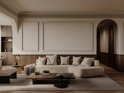 Elegant Living Dining Room Interior With Beige Sofa Multiple Cushions Wooden Coffee Table Arched Doorways 3d model