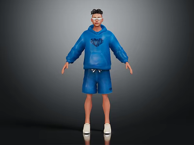 3D Character Model Wearing Blue Hoodie And Blue Shorts With White Shoes On Gray Background 3d model