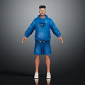 3D Character Model Wearing Blue Hoodie And Blue Shorts With White Shoes On Gray Background