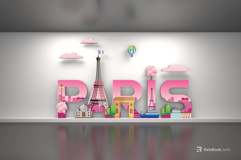 Pink Paris Letters Featuring Eiffel Tower Hot Air Balloon Clouds And Mini Buildings 3d model 