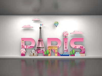 Pink Paris Letters Featuring Eiffel Tower Hot Air Balloon Clouds And Mini Buildings 3d model