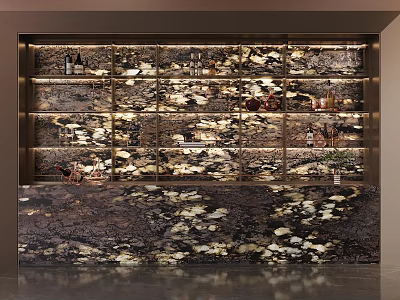 Luxury Modern Wine Cabinet Design With Glass Shelves LED Lighting And Decorative Backdrop 3d model