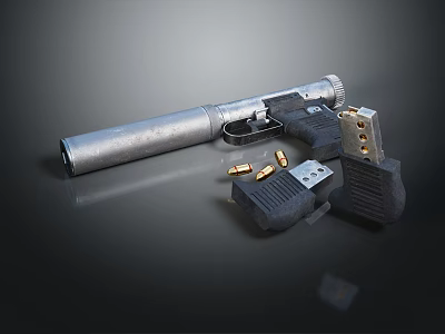 Detailed View Of Silver Handgun With Magazine And Bullets On Dark Surface 3d model