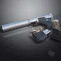 Detailed View Of Silver Handgun With Magazine And Bullets On Dark Surface