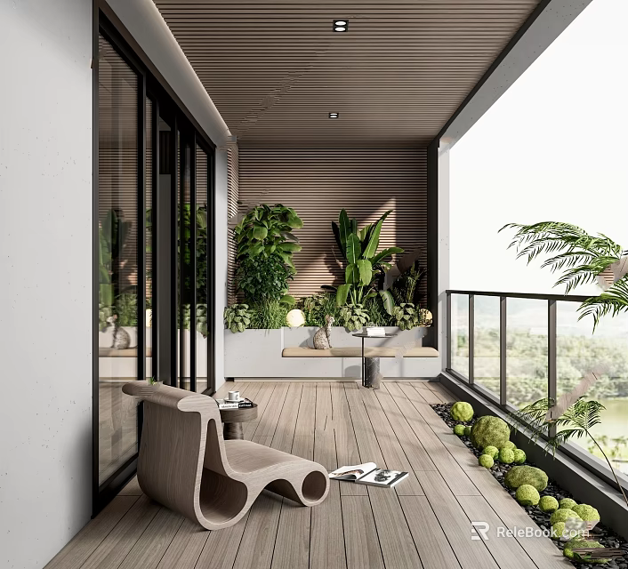 Natural Modern Interior Landscape Design With Wooden Flooring Green Plants Glass Railings And Relaxation Chair 3d model 