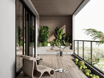 Natural Modern Interior Landscape Design With Wooden Flooring Green Plants Glass Railings And Relaxation Chair 3d model