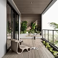 Natural Modern Interior Landscape Design With Wooden Flooring Green Plants Glass Railings And Relaxation Chair