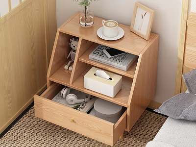Light Wood Bedside Table With Open Shelves Drawer Teddy Bear Tissue Box And Coffee Cup 3d model