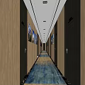 Elevator Hallway Featuring Grey Patterned Walls Wooden Panels Blue Yellow Carpet And Recessed Lighting