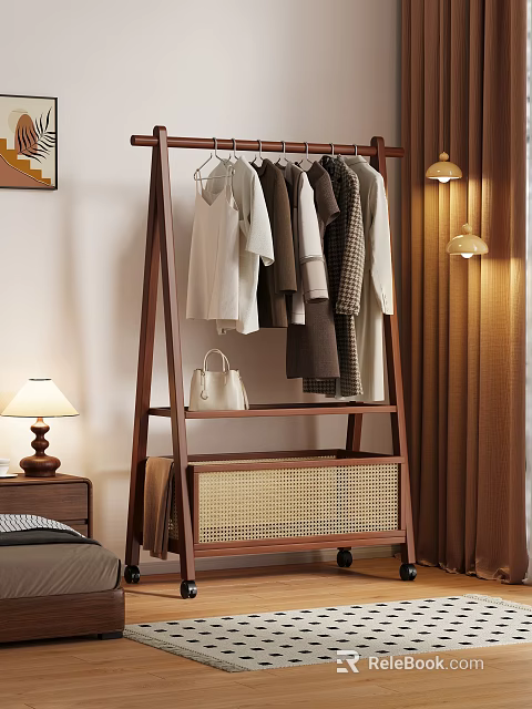 Wooden Ladder Clothes Rack With Hanging Clothes And Rattan Storage Basket 3d model 