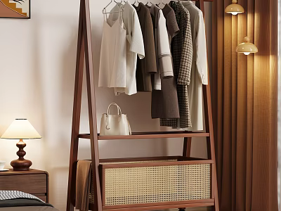 Wooden Ladder Clothes Rack With Hanging Clothes And Rattan Storage Basket 3d model