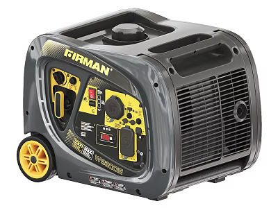 FIRMAN Portable Industrial Generator With Yellow Wheels Grey Exterior And Control Panel 3d model