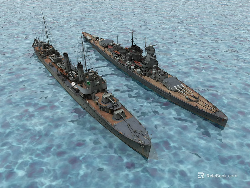Two Warships Sailing On Calm Blue Ocean Surface With Naval Equipment 3d model 