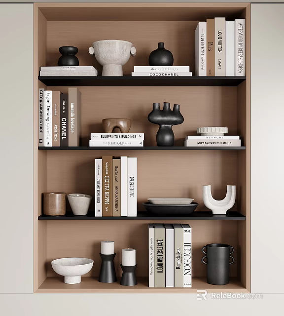 Assorted Decorative Ornament Set With Books Sculptures And Dishes On Shelf 3d model 