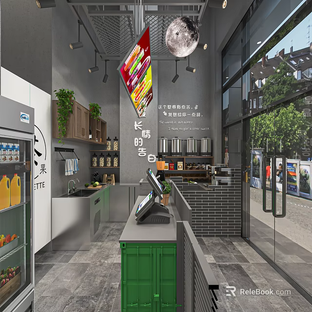 Modern Café Interior With Open Layout Glass Windows Green Plants And Display Shelves 3d model 