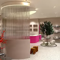 Modern Boutique Interior With Curved Shelves Pink Accent Sofa And Plant Lighting