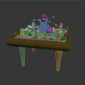 Colorful Entertainment Table With Small Buildings Trees Purple Sphere And Green Decorations