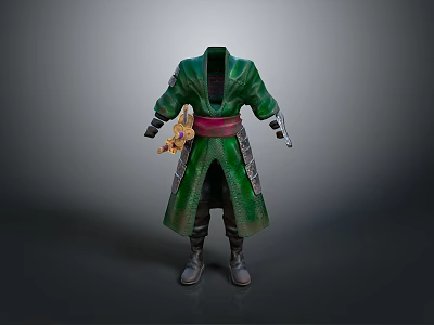 Mythical Character Outfit With Green Robe Red Sash And Creature Claw Weapon 3d model
