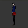 Anime Game Movie Character With Black Hair Blue Coat Red Bow Tie Red Pleated Skirt