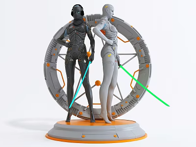 Black And Gray Sci-Fi Figures With Lightsabers On Circular Orange Base 3d model