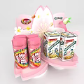 Pink Cherry Blossom Themed Display Shelf with Snack Cans and Boxed Products